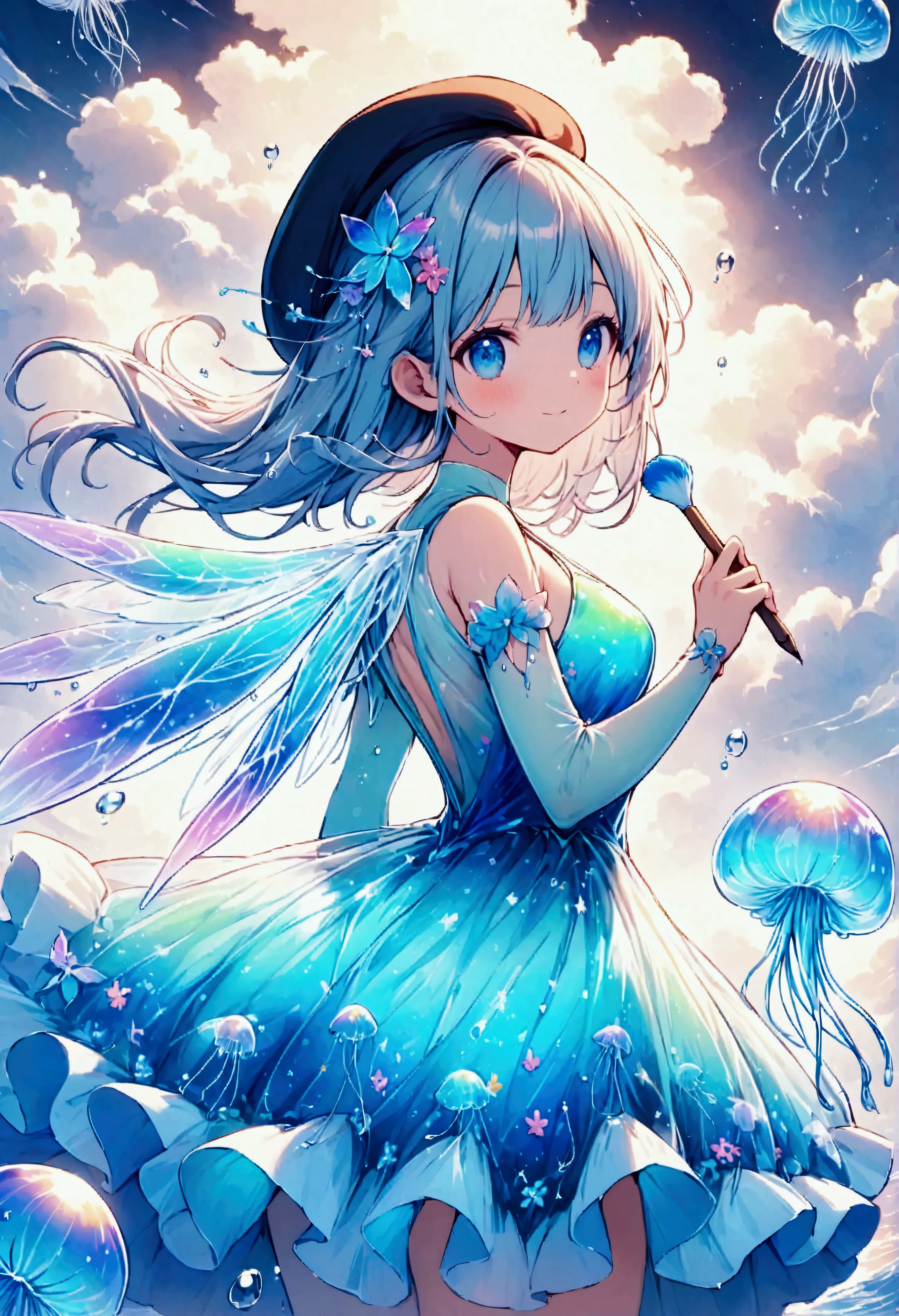 a small sea fairy with a transparent blue body resembling a water droplet, delicate jellyfish-like wings on its back, and a styl...