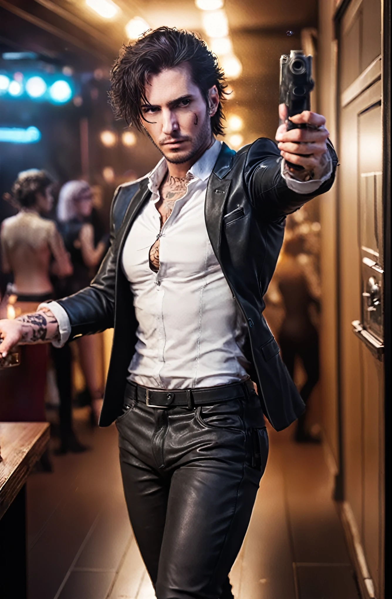 there is a man in a suit holding a gun in a room, skinny male hispanic, in cyberpunk style, cyberpunk style ，hyperrealistic, wearing cyberpunk leather jacket, seductive cyberpunk dark fantasy, inspired by Hedi Xandt, by Ludovit Fulla, leather clothing, fantasy leather clothing, cyberpunk photo, white shirt under the vest, by Galen Dara,