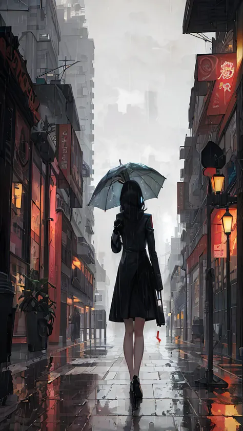 there is a woman walking on the street holding an umbrella, rainy cyberpunk city, cyberpunk artstyle, in a futuristic cyberpunk ...