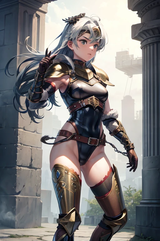 create an image of a warrior girl wearing armor leotard, made entirely of metal, with high-heeled leather boots over the knee