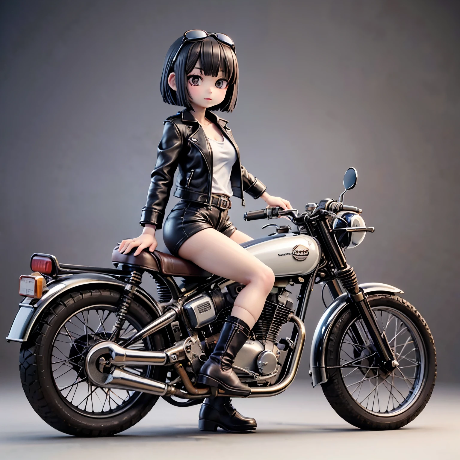 (3D figure)、(Ride a classic motorcycle:1.2 )、beautiful Japanese girl、Beautiful Face, Black Hair, Short Bob Hair, Red classic leather jacket、leather shorts、boots、goggles、Take a photo of the entire bike、(White Background)、(Highest quality、High resolution、masterpiece)、(3d)、4K、8k、wallpaper、