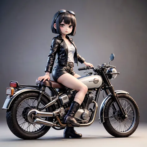 (3d figure)、(ride a classic motorcycle:1.2 )、beautiful japanese girl、beautiful face, black hair, short bob hair, red classic lea...