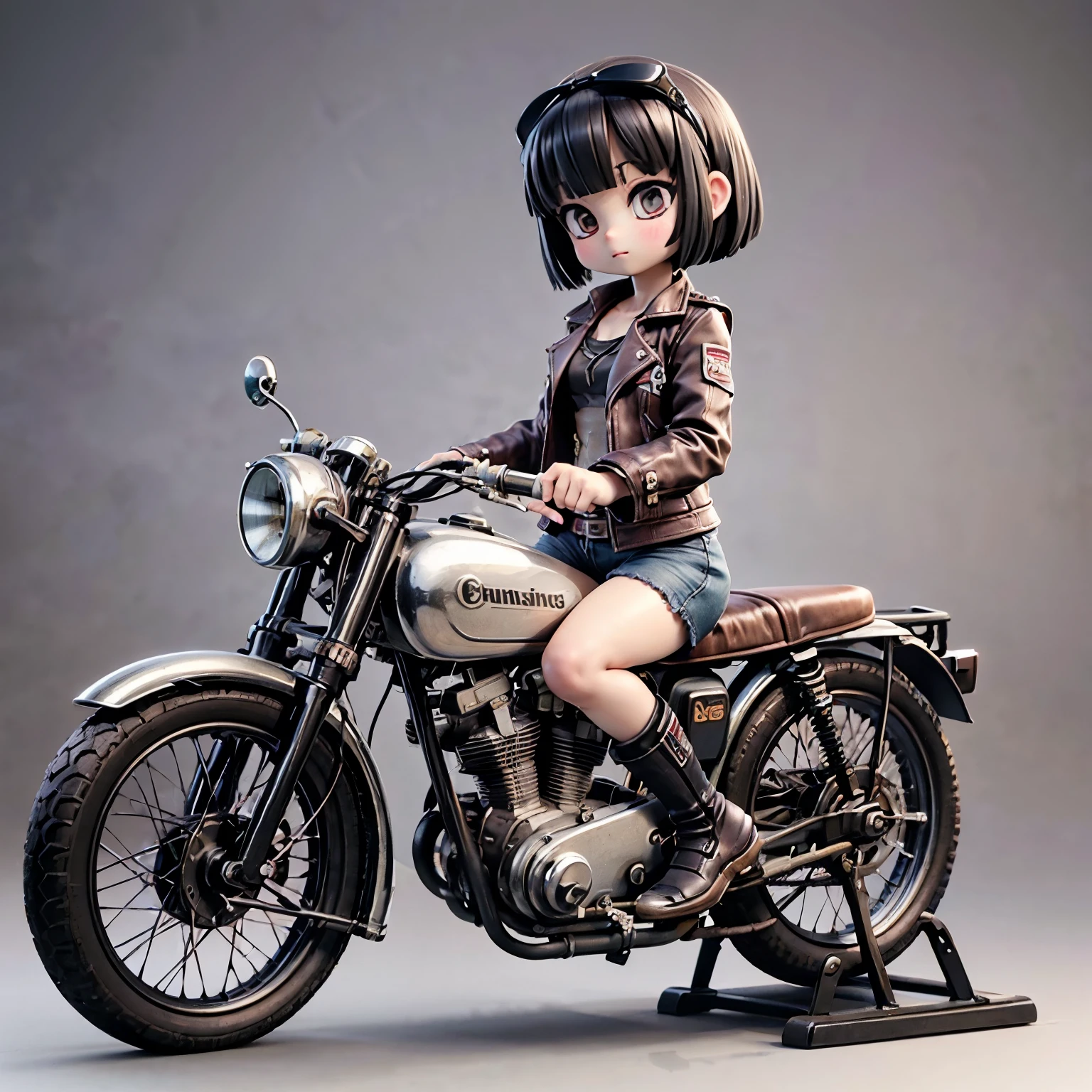 (Miniature photography)、(3D figure)、(Ride a classic motorcycle:1.2 )、beautiful Japanese girl、Beautiful Face, Black Hair, Short Bob Hair, Red classic leather jacket、leather shorts、boots、goggles、Take a photo of the entire bike、(White Background)、(Highest quality、High resolution、masterpiece)、(3d)、4K、8k、wallpaper、