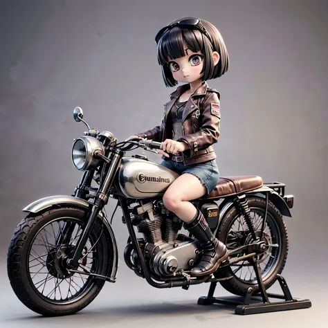 (miniature photography)、(3d figure)、(ride a classic motorcycle:1.2 )、beautiful japanese girl、beautiful face, black hair, short b...