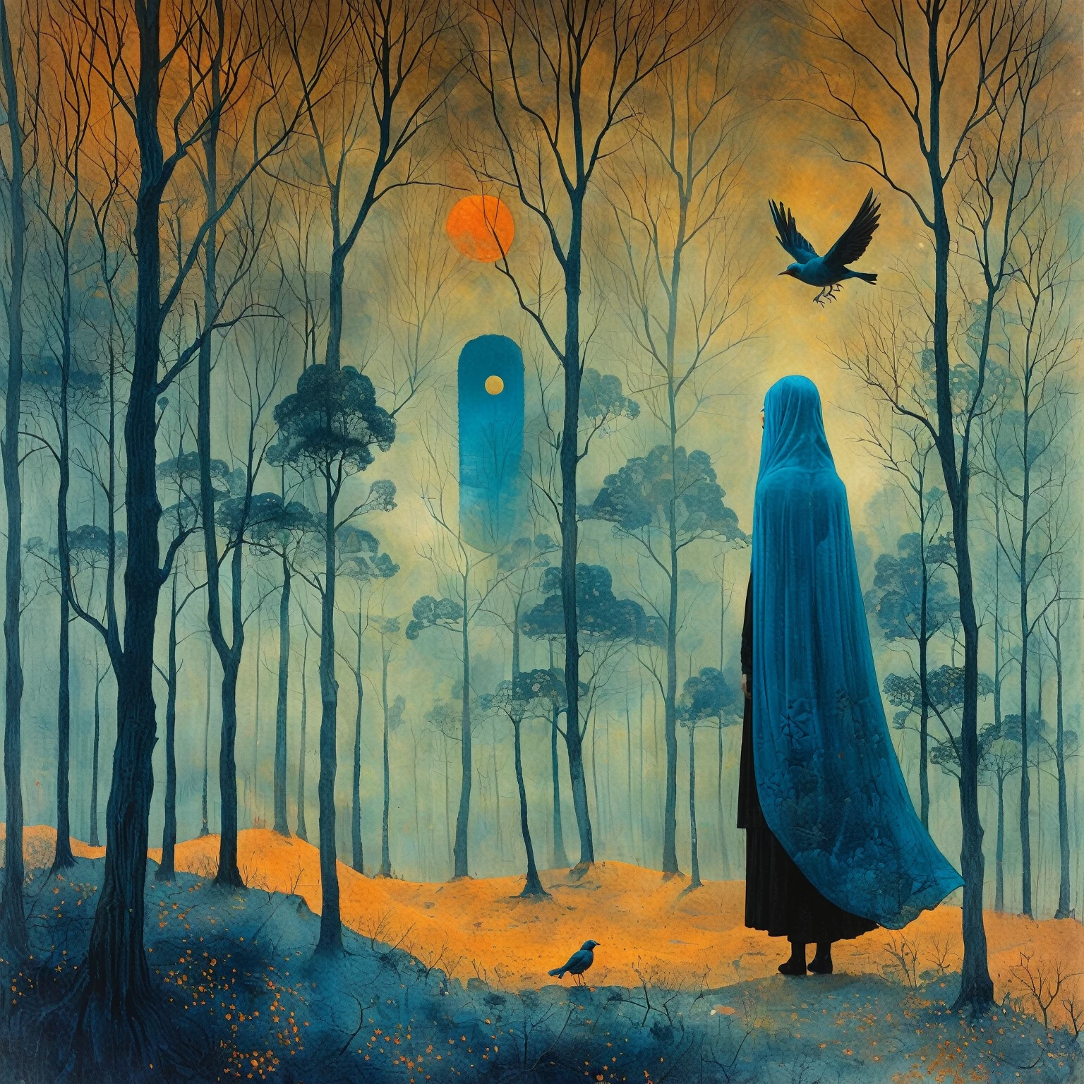 painting of a woman with a long veil and a bird in a forest, zdzislaw beksisnski, zdzislaw beksiński, surrealist painting, dragan bibin, beksisnski, surrealist oil painting, surreal oil painting, wayne barlowe pierre pellegrini, michael whelan and gustave done, inspired by ESAO