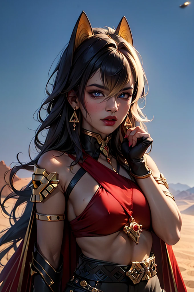 A a black woman with dark skin in realistic portrait of high quality and detail, She standing in the desert, egyptian desert on background, Dehya (Genshin Impact), a tall young woman with dark skin, light blue eyes and black hair with ochre accents. Accessories resembling cat ears can be seen on her head. Her outfit consists of a top made of black and red fabrics, short black shorts, high boots and fingerless gloves, as well as a bunch of belts. On her hands, you can see elements of gold-colored armor: a shoulder pad, bracers and a glove on her right hand and a bracelet on her left bicep. She also wears a dark red "feathery" cape with two gold ornaments hanging from it. blue sky, white cloud, looking at viewer, (ultra-high detail:1.2), Masterpiece, Best Quality, Ultra-detailed, Cinematic lighting, 8K, delicate features, cinematic, 35 mm lens, f/1.9, highlight lighting, global lighting –uplight –v 4, cinematic, intense gaze, Cinematic lighting, 8K, high quality, Highest Quality, (Solo Focus), (extremly intricate:1.3), (Realistic), dramatic, masterful, Analog style, (Film grain:1.5), (warm hue, cold tone)