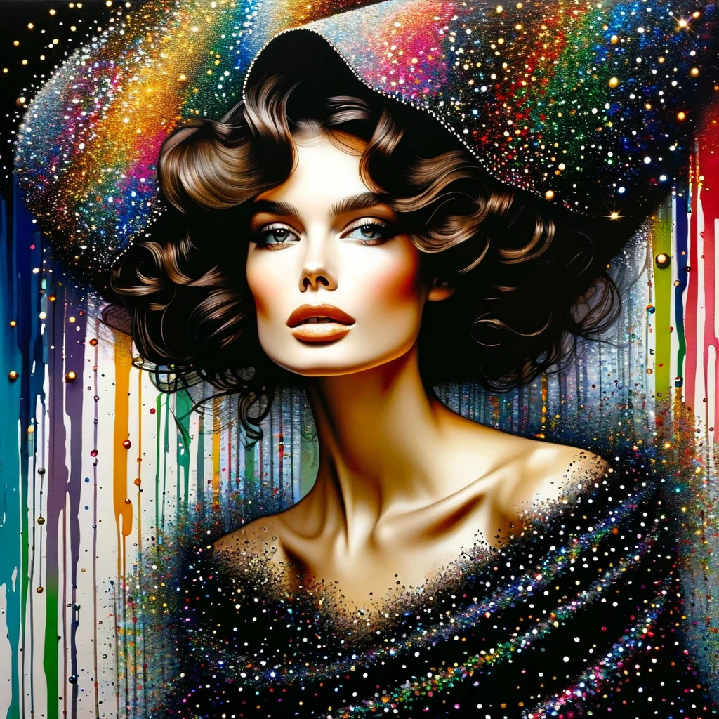 A painting depicting a close-up of a very beautiful brunette with curly hair, dressed in a black flowing veil on her head decorated with multicolored glitter and pearls!!!!inspired by Solve Sundsbo, Vogue, high fashion, high detail, front light, bright colors, modern European ink painting, high quality, high detail, masterpiece,