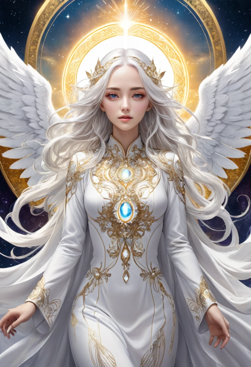 Heavenly, surreal scene with a female angel in the center rising into the sky. The woman's face is beautiful and detailed, long white hair, vividly colored heavenly eyes, vivid colors, white and gold robe with silver ornaments invade her body.  Very long white wings envelop her. Image hd, full image.