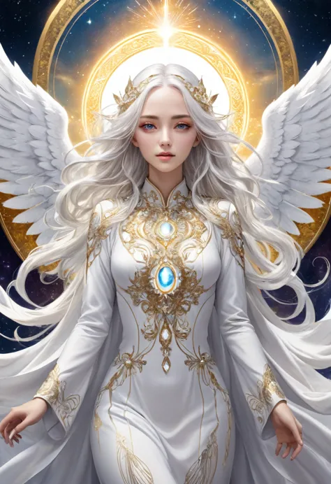 heavenly, surreal scene with a female angel in the center rising into the sky. the woman's face is beautiful and detailed, long ...