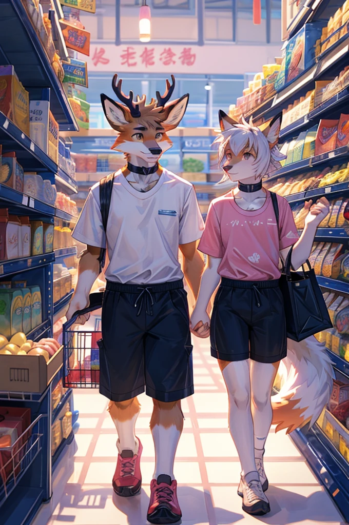 Image of two people、Erect penis、Femboy、鹿とfoxの二人.、Choker、shirt、Shorts、Pink and white striped long stockings、二人のFemboy、Deer horn、Fluffy fur、fox、Couple。Shopping for daily necessities at the supermarket、noon、daily