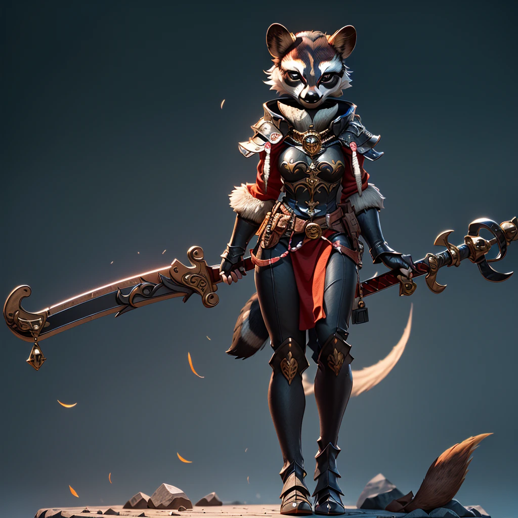 Wide-angle panorama, (Cute image standing all over the body:1.5), (raccoon-like furry body and raccoon’s paws:1.5), (A plump chest), ( anime styled 3d:1.5), Metal armor skirt, Metal armor underwear, (Hairy limbs:1.45), (Very long, Fluffy raccoon tail:1.45), (Extremely detailed CG Unity 16k wallpaper:1.3), Dynamic Angle, the golden ratio, (tmasterpiece:1.37), (Detailed:1.15), Cinematic light, Side lighting, hdr, Perfect iris, (applause), Lifelike texture, （realisticlying：1.37）, (ssmile:1.1), Ray tracing, hyper HD, (Best quality:1.13) full body, diorama、battle ground background、full moon, masterpiece, Best Quality, Capture super cute moments, depth of fields, A female raccoon in medieval armor from the 1200s, custom armor, holding sword, night, medieval castle, stone floor, sword held up, very detailed, masterpiece, ultra resolution, perfect quality