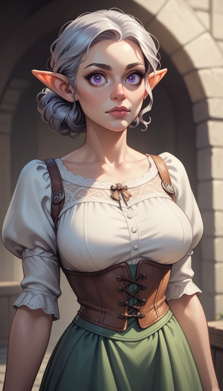 waist-length portrait, Best quality, masterpiece, contrasting light, best light and shadows, rich colors of the image, 2D illustration, empty background, front view, light-colored clothing in medieval fantasy style, female character, mature character, slim and delicate physique, fair skin, violet eyes, silver hair, calm expression, short curly hairstyle, straight nose, sharp cheekbones, wide eyes, pointed ears.