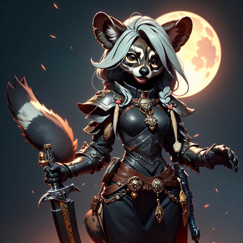 Wide-angle panorama, (Cute image standing all over the body:1.5), (raccoon-like furry body and raccoon’s paws:1.5), (A plump chest), ( anime styled 3d:1.5), Metal armor skirt, Metal armor underwear, (Hairy limbs:1.45), (Very long, Fluffy raccoon tail:1.45), (Extremely detailed CG Unity 16k wallpaper:1.3), Dynamic Angle, the golden ratio, (tmasterpiece:1.37), (Detailed:1.15), Cinematic light, Side lighting, hdr, Perfect iris, (applause), Lifelike texture, （realisticlying：1.37）, (ssmile:1.1), Ray tracing, hyper HD, (Best quality:1.13) full body, diorama、battle ground background、full moon, masterpiece, Best Quality, Capture super cute moments, depth of fields, A female raccoon in medieval armor from the 1200s, custom armor, holding sword, night, medieval castle, stone floor, sword held up, very detailed, masterpiece, ultra resolution, perfect quality