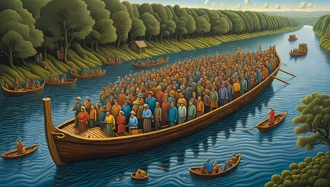 painting of a large group of people standing on a boat in a river, jacek yerka and vladimir kush, satirical painting, pj crook, ...