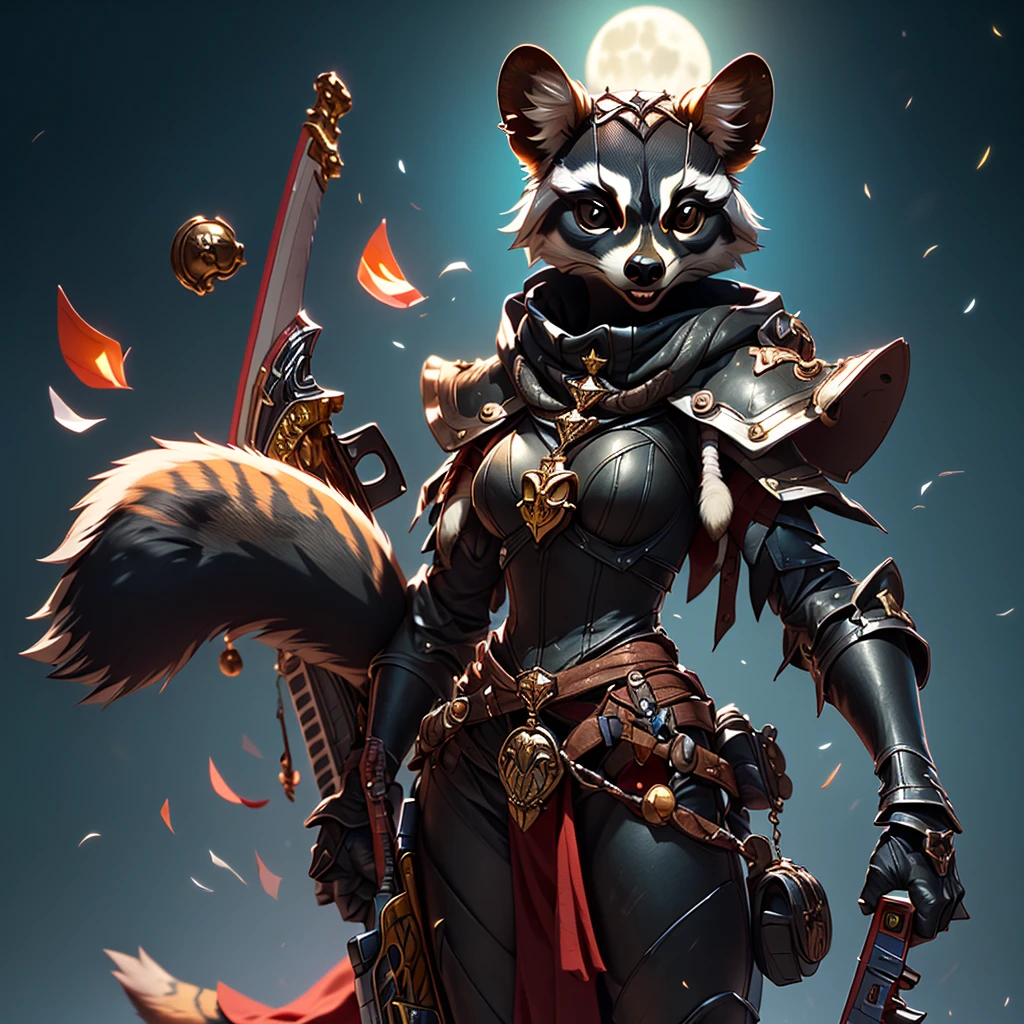 Wide-angle panorama, (Cute image standing all over the body:1.5), (raccoon-like furry body and raccoon’s paws:1.5), (A plump chest), ( anime styled 3d:1.5), Metal armor skirt, Metal armor underwear, (Hairy limbs:1.45), (Very long, Fluffy raccoon tail:1.45), (Extremely detailed CG Unity 16k wallpaper:1.3), Dynamic Angle, the golden ratio, (tmasterpiece:1.37), (Detailed:1.15), Cinematic light, Side lighting, hdr, Perfect iris, (applause), Lifelike texture, （realisticlying：1.37）, (ssmile:1.1), Ray tracing, hyper HD, (Best quality:1.13) full body, diorama、battle ground background、full moon, masterpiece, Best Quality, Capture super cute moments, depth of fields, A female raccoon in medieval armor from the 1200s, custom armor, holding large sword, night, medieval castle, stone floor, very detailed, masterpiece, ultra resolution, perfect quality ,vivid colors,fiery eyes,determined expression,confident pose,strong shadows,noble stance,majestic,heroic,vibrant,stylized detail,legendary presence,dark atmosphere,surreal,mythical,adventurous spirit