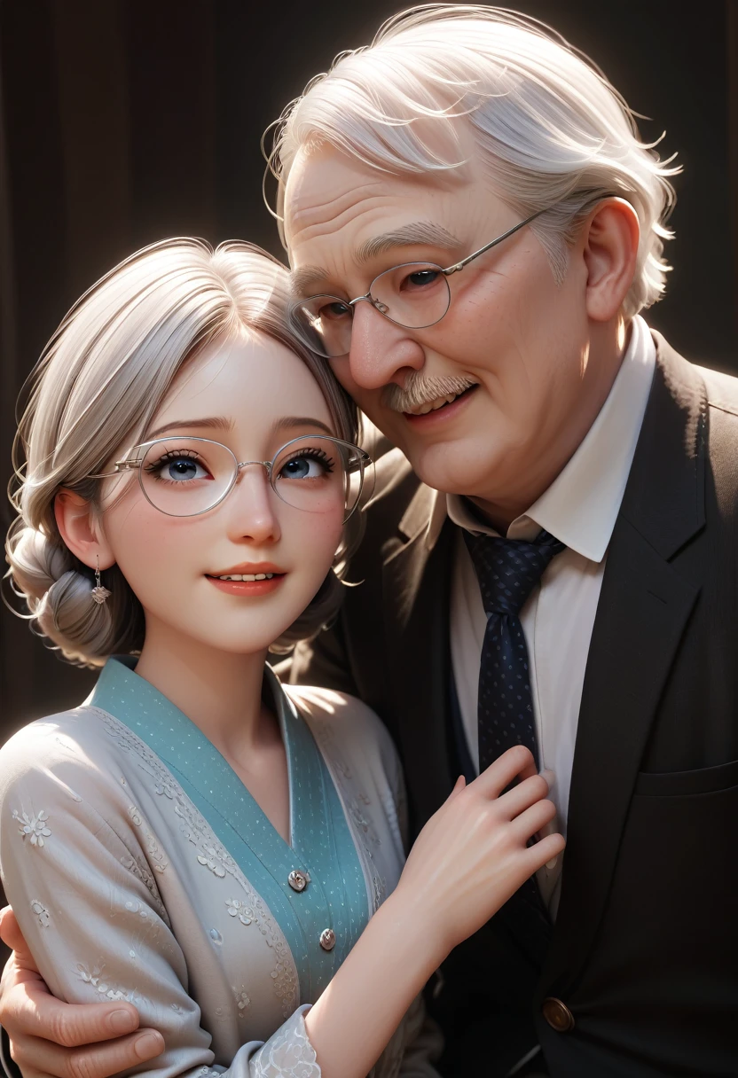 traditional couple of old adults watching tv, vintage, pixar style, 3d render, old fashioned, silver hair and glasses, sepia color tones, love in the air, aging together, old man and old woman, grandparents, (masterpiece), best quality, highres, 4k, 8k, amazing quality, amazing shading, soft lighting