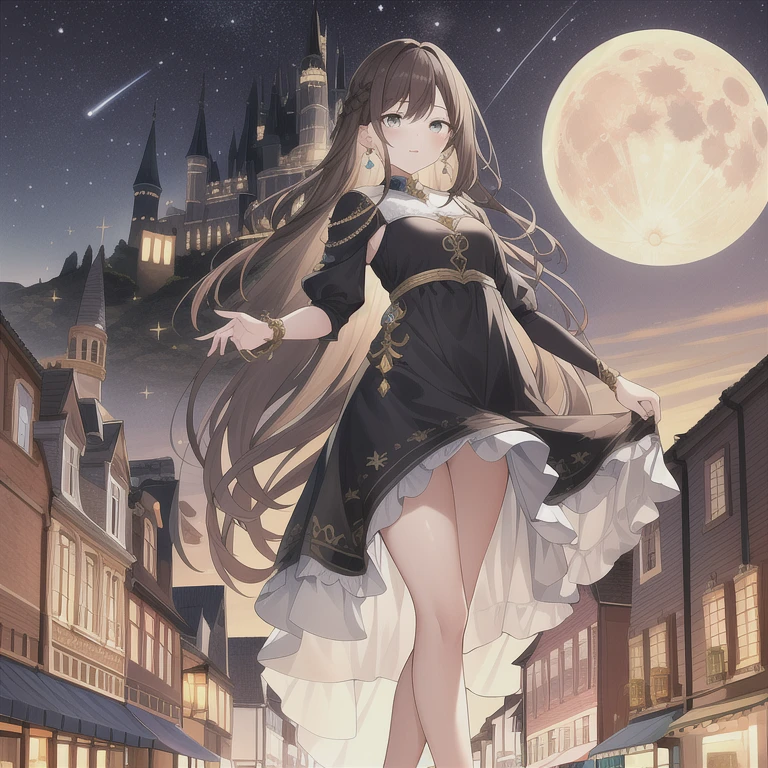  Brown haired girl in a dark street, Medieval house, moon, Very detailed, high quality, masterpiece, Clear lines, (brown_eye), Black Dress, Castle in the background,Shooting Star,Teardrop Earrings,Light blue earrings,Highly transparent earrings,