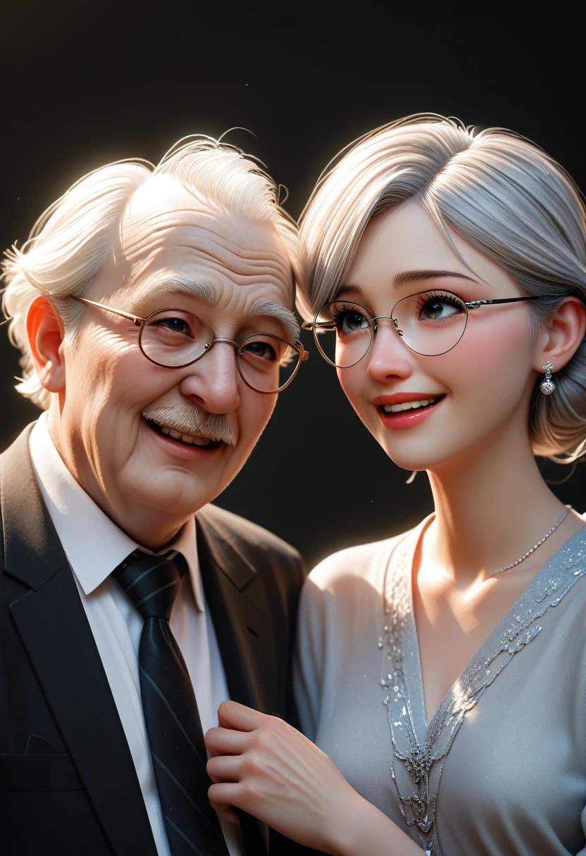 traditional couple of old adults watching tv, vintage, pixar style, 3d render, old fashioned, silver hair and glasses, sepia color tones, love in the air, aging together, old man and old woman, grandparents, (masterpiece), best quality, highres, 4k, 8k, amazing quality, amazing shading, soft lighting
