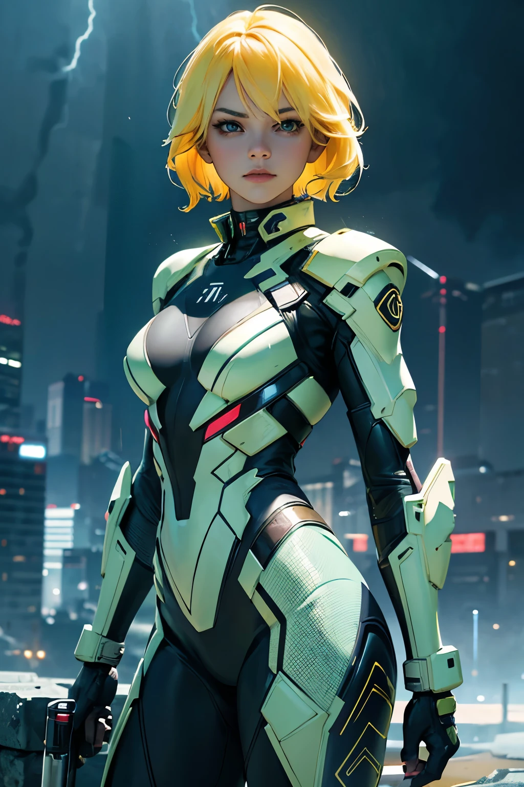 A beautiful young girl with yellow hair, a tight lightning-themed suit, and small breasts, wielding alien thunder weapons in a thunderstorm backdrop, (best quality,4k,8k,highres,masterpiece:1.2),ultra-detailed,(realistic,photorealistic,photo-realistic:1.37),extremely detailed eyes and face,beautiful detailed lips,longeyelashes,lightning effects,dynamic pose,dramatic lighting,vibrant colors,sci-fi,concept art