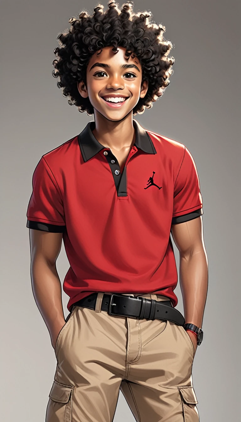 graphic novel illustration, photorealistic, 1boy, (brown eyes), solo,looking at viewer, red polo shirt, arms open, african american man, very curly black afro hair , tan cargo short pants, belt,white background, casual, smile, look at viewer, camera focus on face, full body, red and black air jordan shoes ,ultra high res, ultra-detailed, 8k uhd, dslr, soft lighting, high quality, 