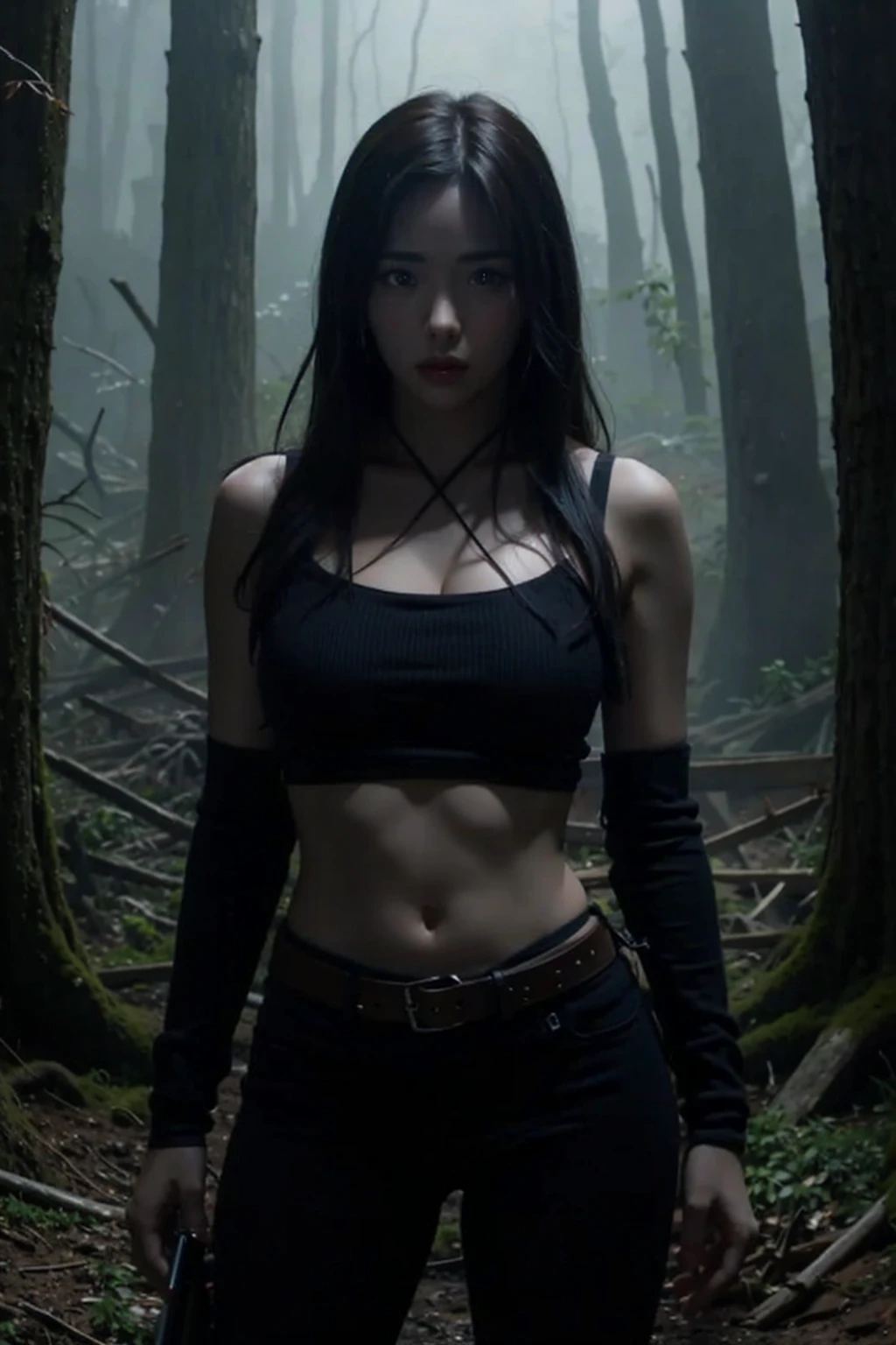 Create an 8k poster of a female with big breasts, pray hands pose, dark forest