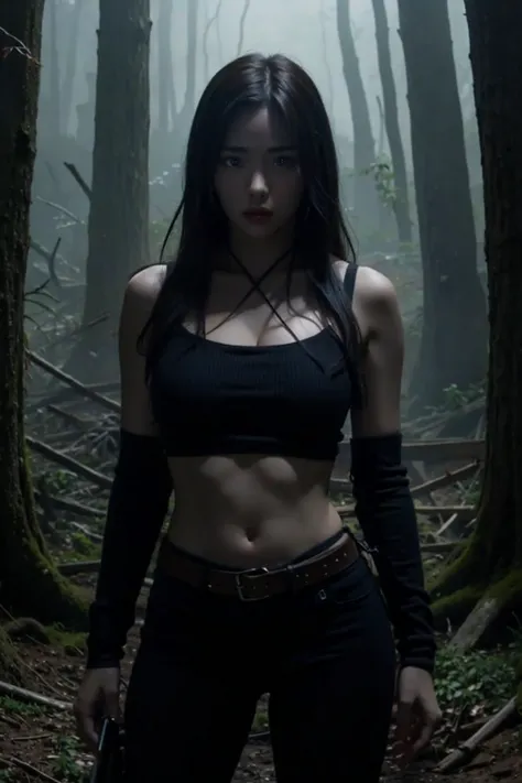 create an 8k poster of a female with big breasts, pray hands pose, dark forest