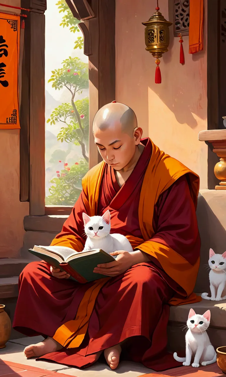 generate a cover art, a serene scene of an old monk dressed in a traditional maroon robe, sitting calmly while reading a book. t...