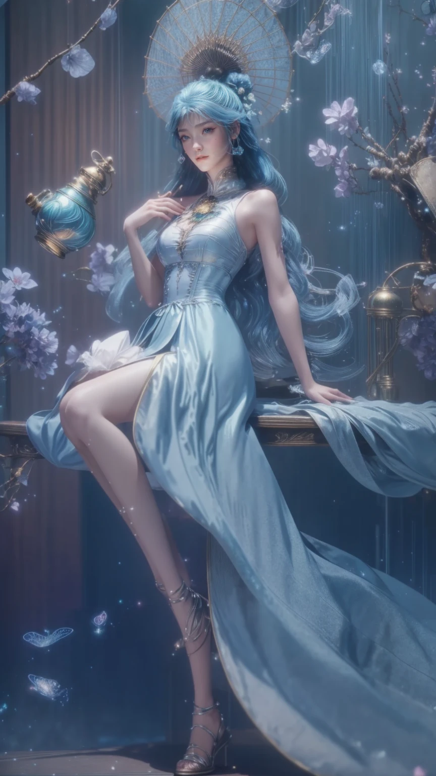 a medium-sized Asian woman, dressed in a flowing blue dress, sits on a brown wooden table. She is holding a parasol in her right hand, her left hand resting on her hip. The parasol is adorned with a pink flower, adding a pop of color to the scene. The woman's blue hair is pulled back in a bun, with a few wispy twigs in the air. The backdrop is a vibrant blue, with wavy waves and a pagoda-like building in the distance. To the right of the woman, there is a wooden table with a bird cage and a tea kettle on it. The table is set against a backdrop of green foliage, with purple and pink flowers scattered around.