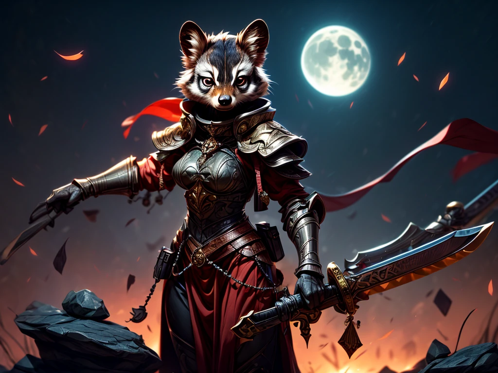 Wide-angle panorama, Cinematic light, Side lighting, hdr, Perfect iris, (applause), Lifelike texture, Ray tracing, hyper HD, full body, diorama、battle ground background、full moon, masterpiece, Best Quality, Capture super cute moments, depth of fields, A female raccoon in medieval armor from the 1200s, custom armor, holding large sword up, night, medieval castle, stone floor, very detailed, masterpiece, ultra resolution, perfect quality ,vivid colors,fiery eyes,determined expression,confident pose,strong shadows,noble stance,majestic,heroic,vibrant,stylized detail,legendary presence,dark atmosphere,surreal,mythical,adventurous spirit