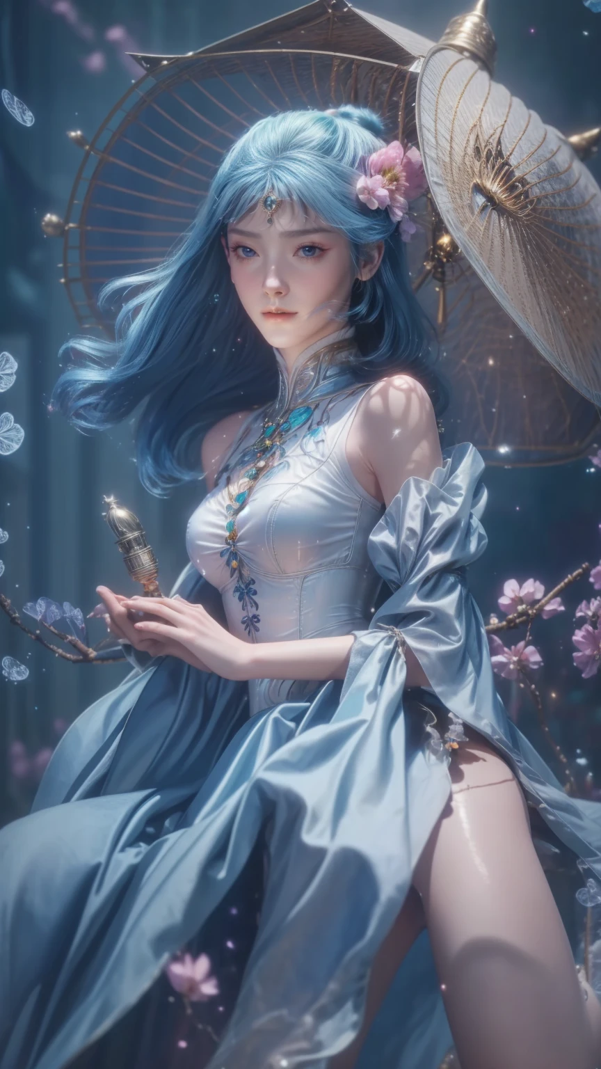 a medium-sized Asian woman, dressed in a flowing blue dress, sits on a brown wooden table. She is holding a parasol in her right hand, her left hand resting on her hip. The parasol is adorned with a pink flower, adding a pop of color to the scene. The woman's blue hair is pulled back in a bun, with a few wispy twigs in the air. The backdrop is a vibrant blue, with wavy waves and a pagoda-like building in the distance. To the right of the woman, there is a wooden table with a bird cage and a tea kettle on it. The table is set against a backdrop of green foliage, with purple and pink flowers scattered around.