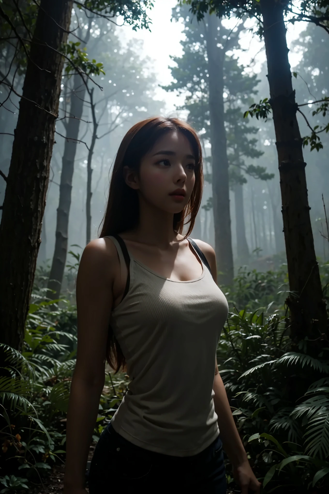 Create an 8k poster of a female with big breasts, pray hands pose, dark forest