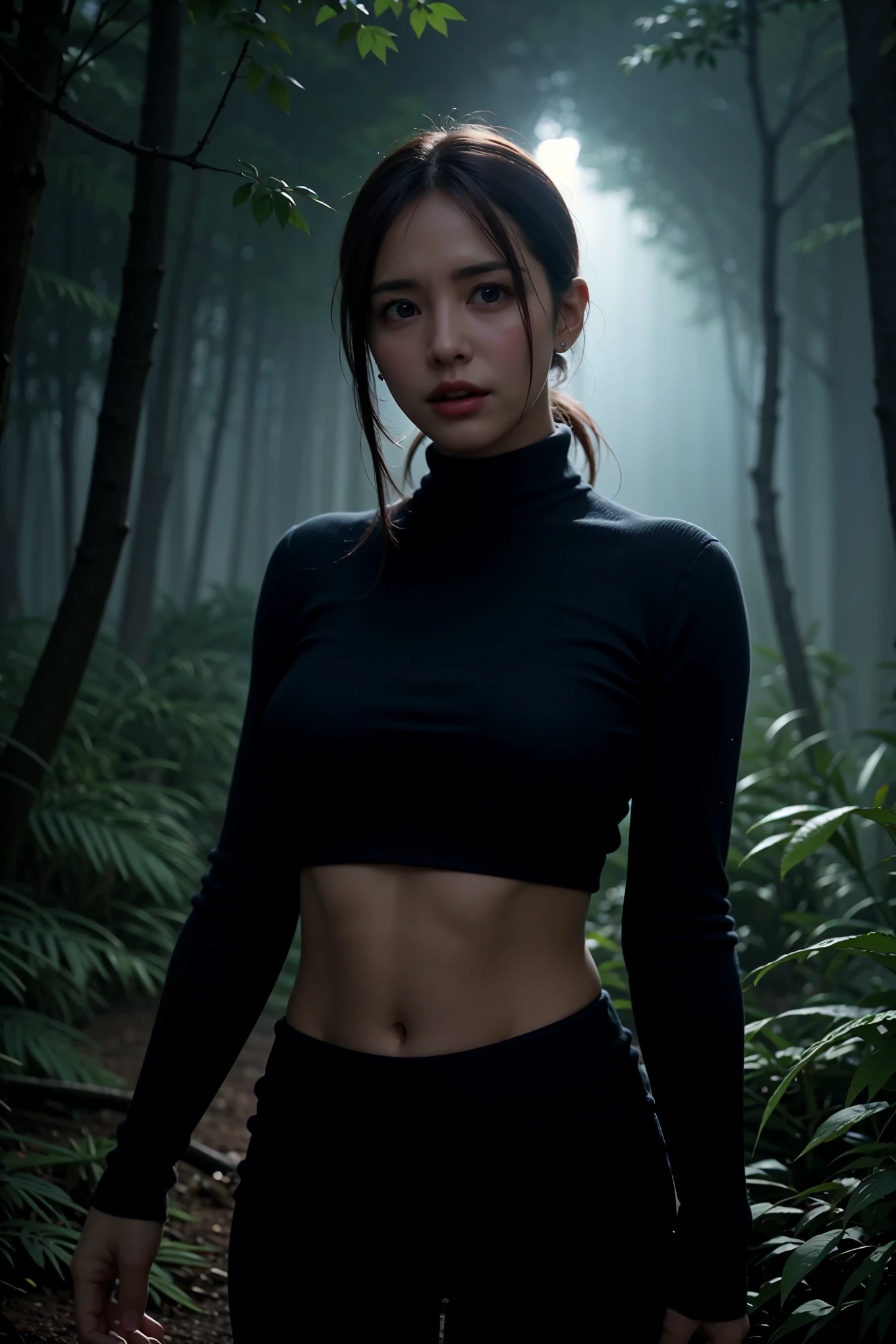 Create an 8k poster of a female with big breasts, pray hands pose, dark forest