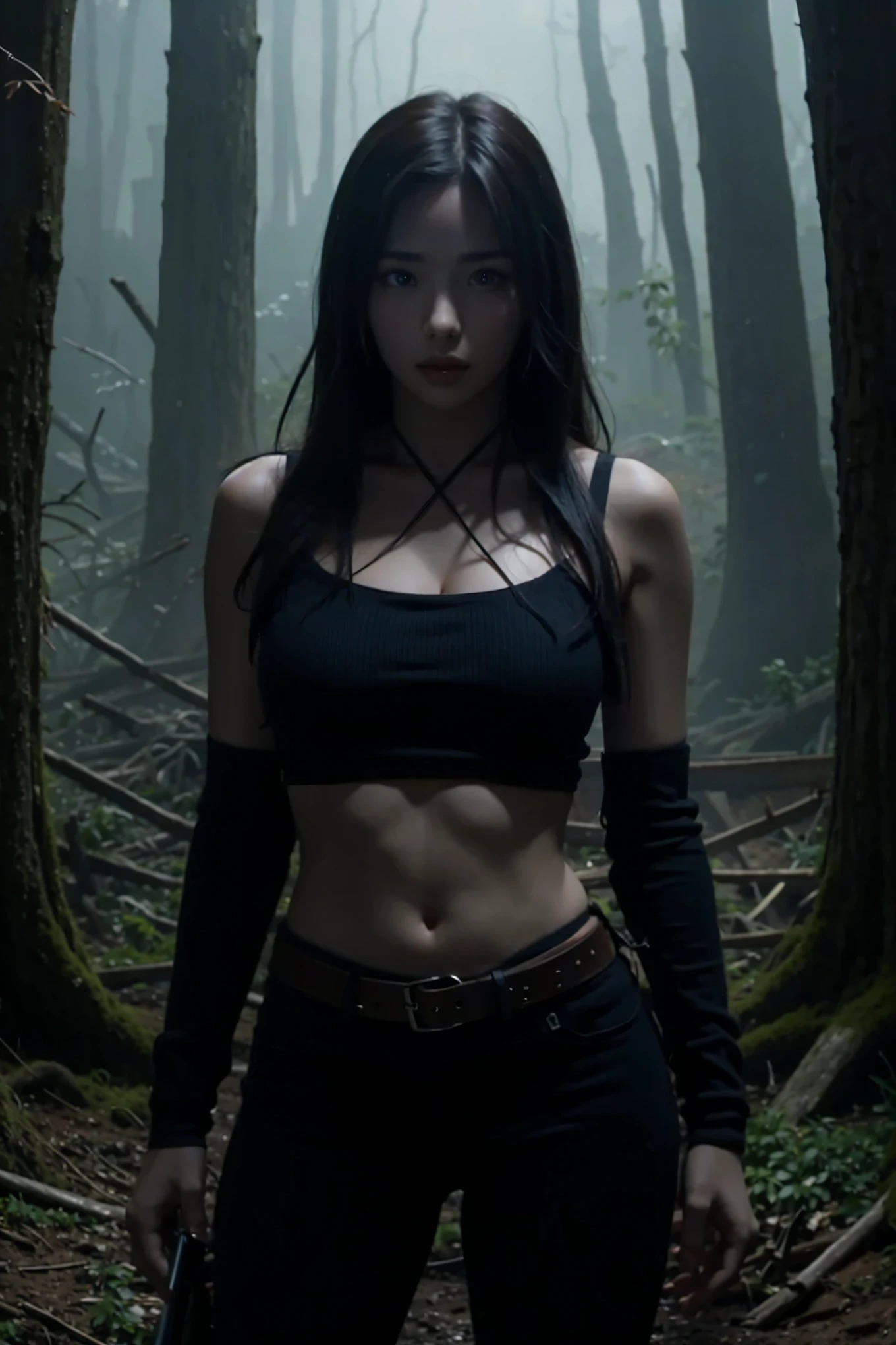 Create an 8k poster of a female with big breasts, pray hands pose, dark forest