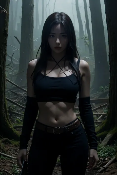 create an 8k poster of a female with big breasts, pray hands pose, dark forest