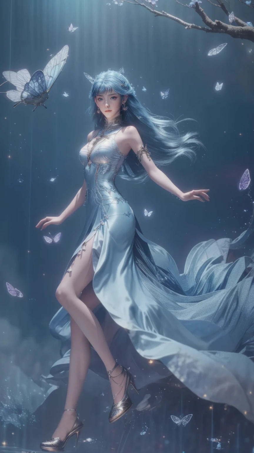 An animated image of a woman with long blue hair and a long blue dress. She is standing on a rock that is surrounded by water. The woman's dress is adorned with purple ribbons. Her arms are outstretched and she is looking at the left side of the image. There is a tree to the left of the woman with leaves on it. There are blue and purple butterflies in the sky above the water.