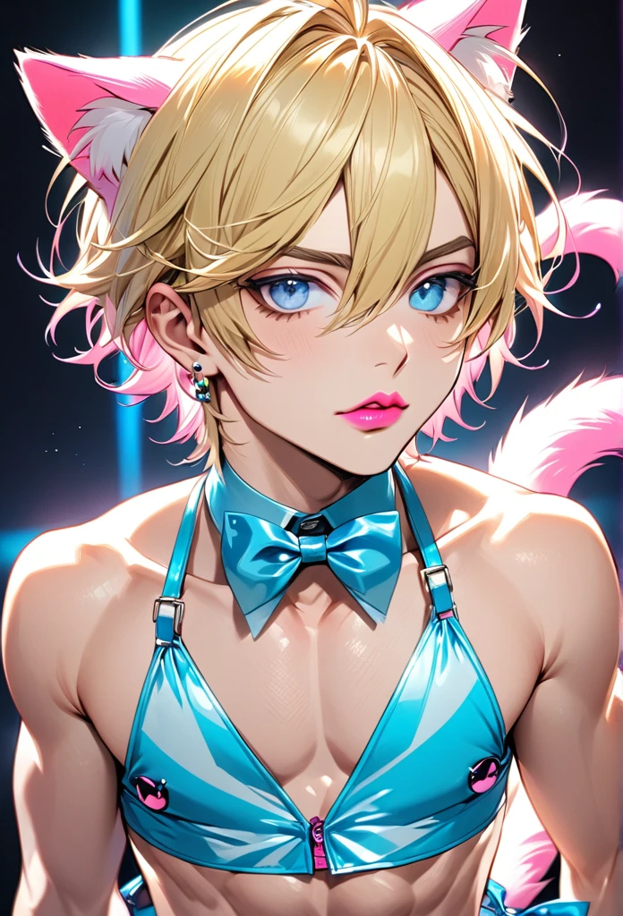 Male, with blond hair, with short hair, with light blue eye, he is wearing a strippers outfit, with kitty ears, with a kitty tail, he is flat chested like a man, he has pretty pink lips, he has pericings, he is wearing pink eyeshadow.