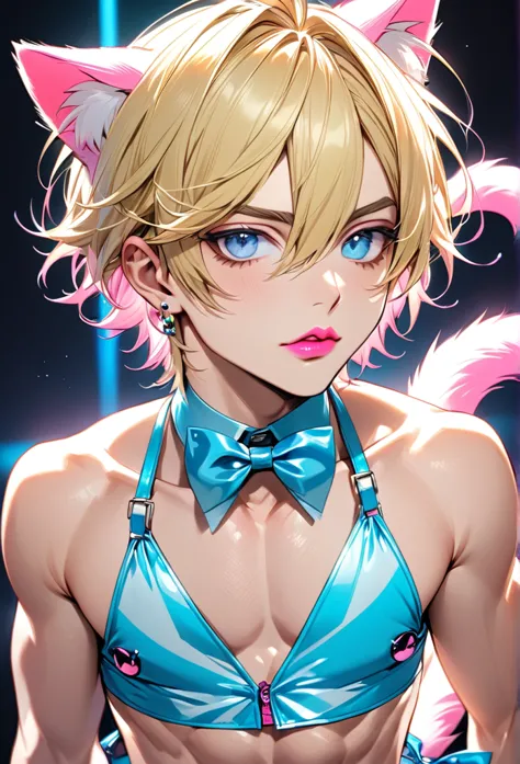 male, with blond hair, with short hair, with light blue eye, he is wearing a strippers outfit, with kitty ears, with a kitty tai...