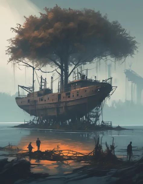 sketch, a stunningly beautiful dystopian dockyard, covered in vines and moss, a herd of deer wanders among a rusting shipwreck, ...