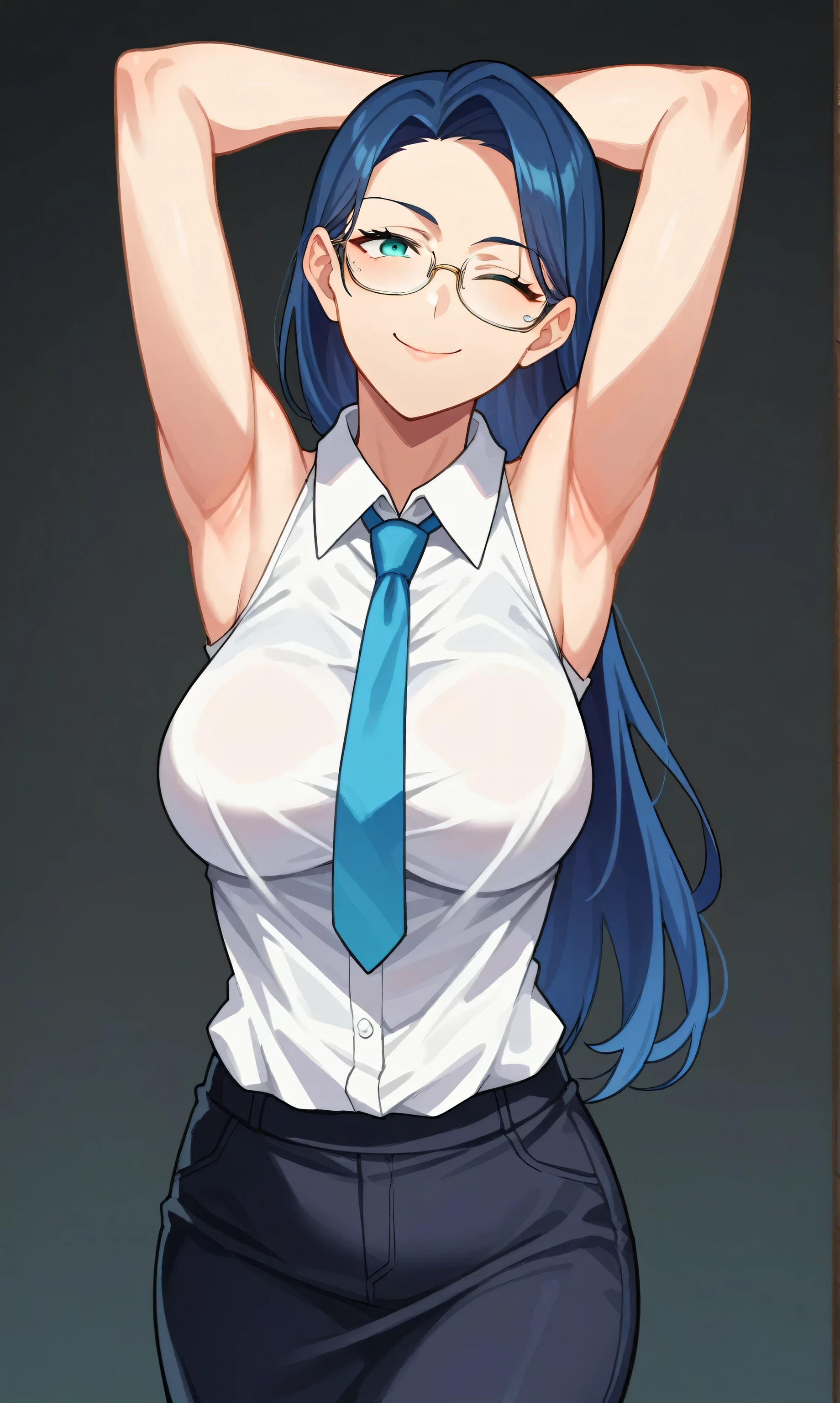 score_9, score_8_up, score_7_up, source_anime, anime screencap, black background, 1girl, solo, mature female, long hair, dark blue hair, cyan eyes, glasses, medium breasts, blue necktie, shirt, white shirt, collared shirt, sleeveless shirt, sleeveless, black pencil skirt, bare shoulders, bare arms, looking at viewer, head towards viewer, smile, smug, wink, closed mouth, arms behind head, armpits,