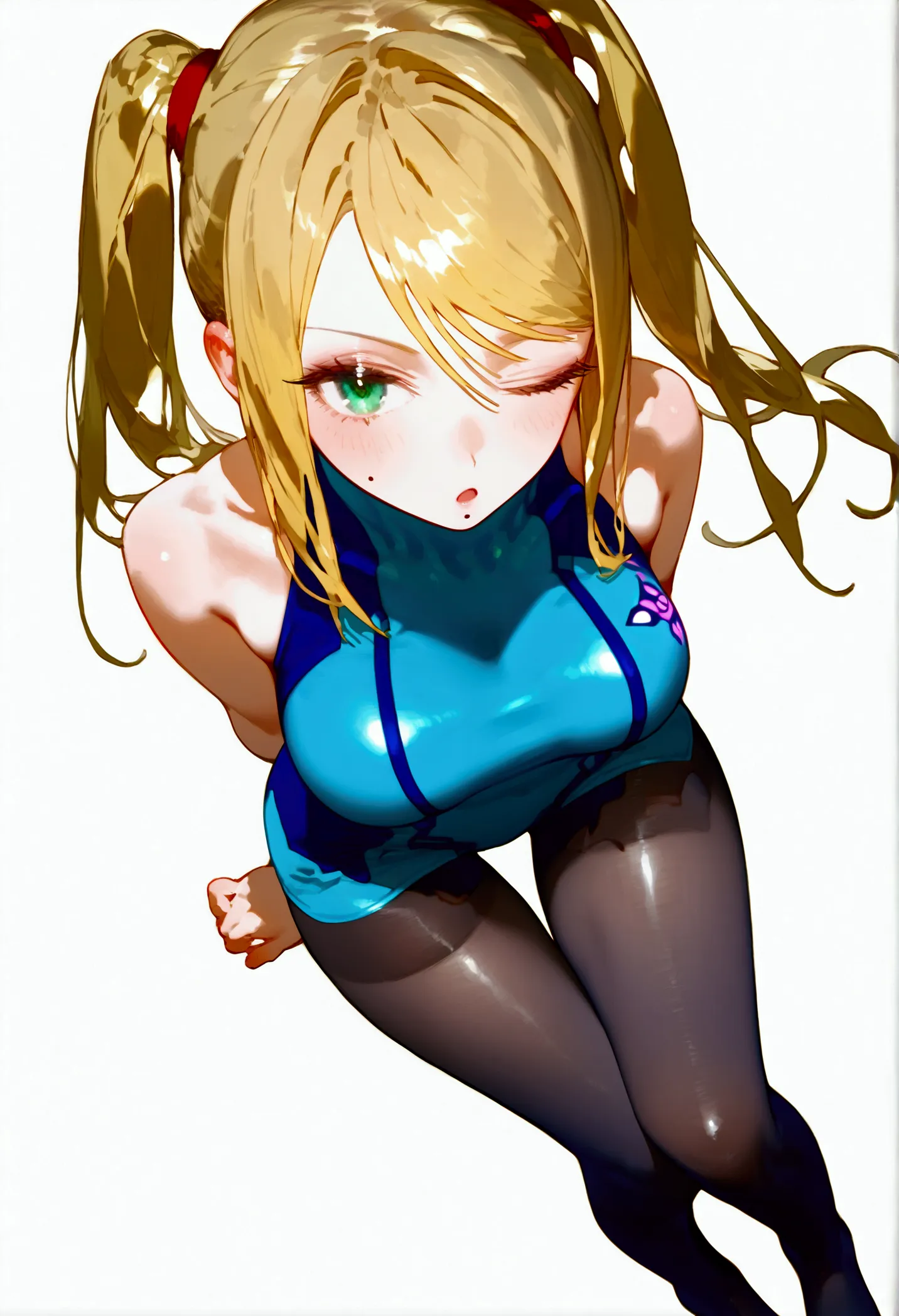 score_8_up. score_7_up, eatsleep1111, white background, 
1girl, solo, pantyhose, blonde hair, samus aran, one eye closed, breast...