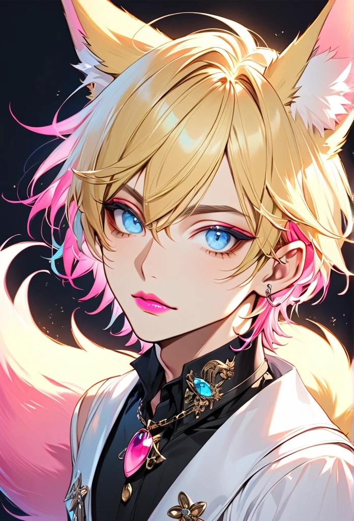 Adult Male, with blond hair, with short hair, with light blue eye, he is wearing a alternative outfit, with fox ears, with a fox tail, he is flat chested like a man, he has pretty pink lips, he has pericings, he is wearing pink eyeshadow.