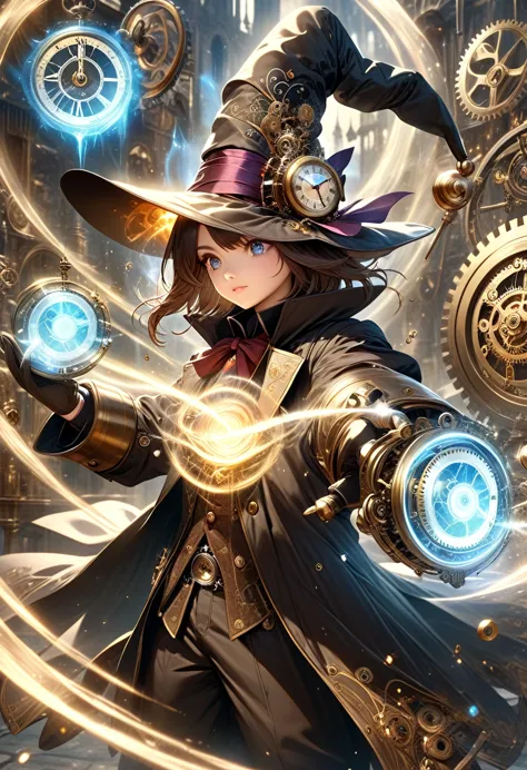 ultra quality, extremely detailed, high resolution, clockwork magician, clockwork, time magic, small magician, black mage, dark ...