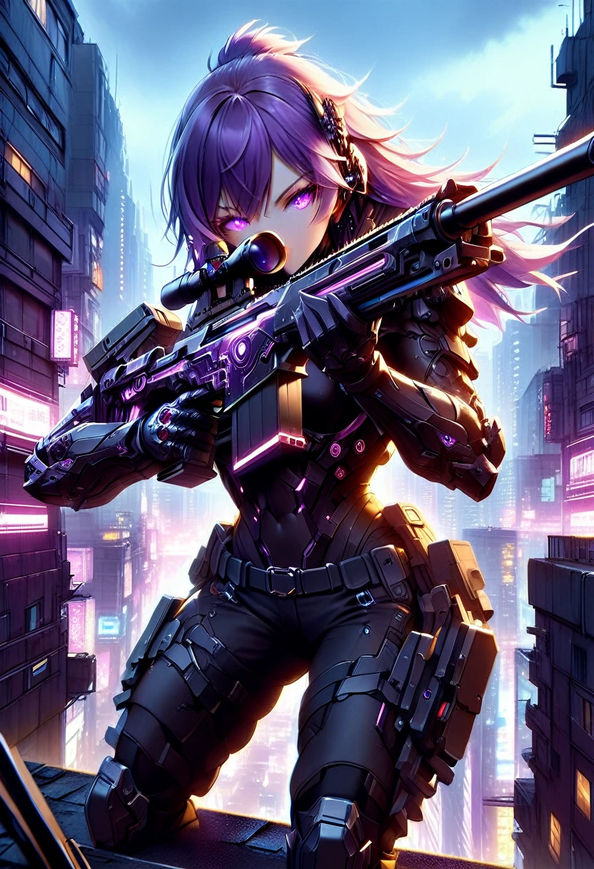 Ultra Quality, Extremely Detailed, High Resolution, Mecha Girl, (1girl), medium shot, glowing cyber eyes, violet hair, shaggy hair, skinny body, lean muscles, cyberpunk city rooftop, mecha armor, the scene is illuminated by violet lights, wearing sleeveless violet armor, black cargo pants, violet mecha gloves, dynamic angle, ((cyberpunk sniper rifle)), ((hold a sniper rifle)), cyberpunk style, neon mask