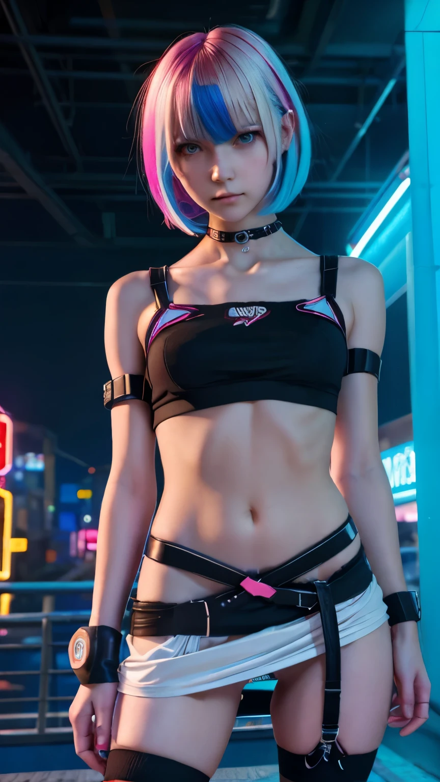 A colorful Bob cut haired punk canadian girl, smooth white skin, slender, skinny, cute face, innocent look, ultra high resolution, uhd, detailed cyberpunk outfit, wink, neon lighting, short skirt, colorful loose socks, athletic legs, vogue pose, modelling, beautiful detailed face, shibari, bound, straps