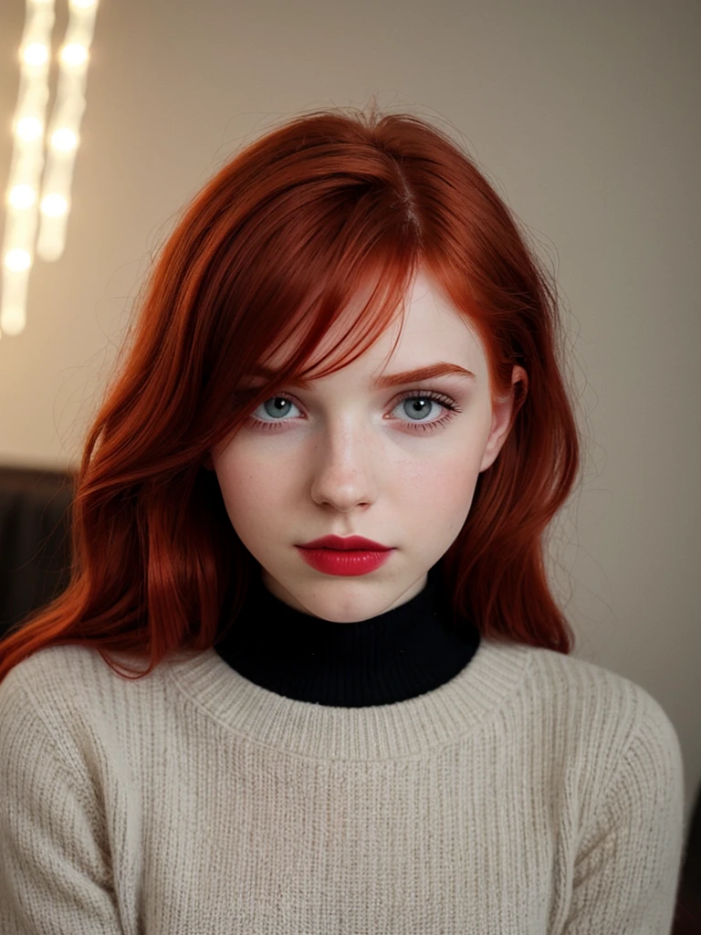 raw photo,close up, (18yo redhead girl:1.2), cheek dimples, blushing, graphic eyeliner, rouge, (lipstick:0.6), (choker:0.9), realistic skin texture, oversize knit sweater, (red:0.8), softcore, warm lighting, cosy atmosphere, instagram style, nsfw , naive, shy, short, thin, fit, beautiful, cute, pale skin