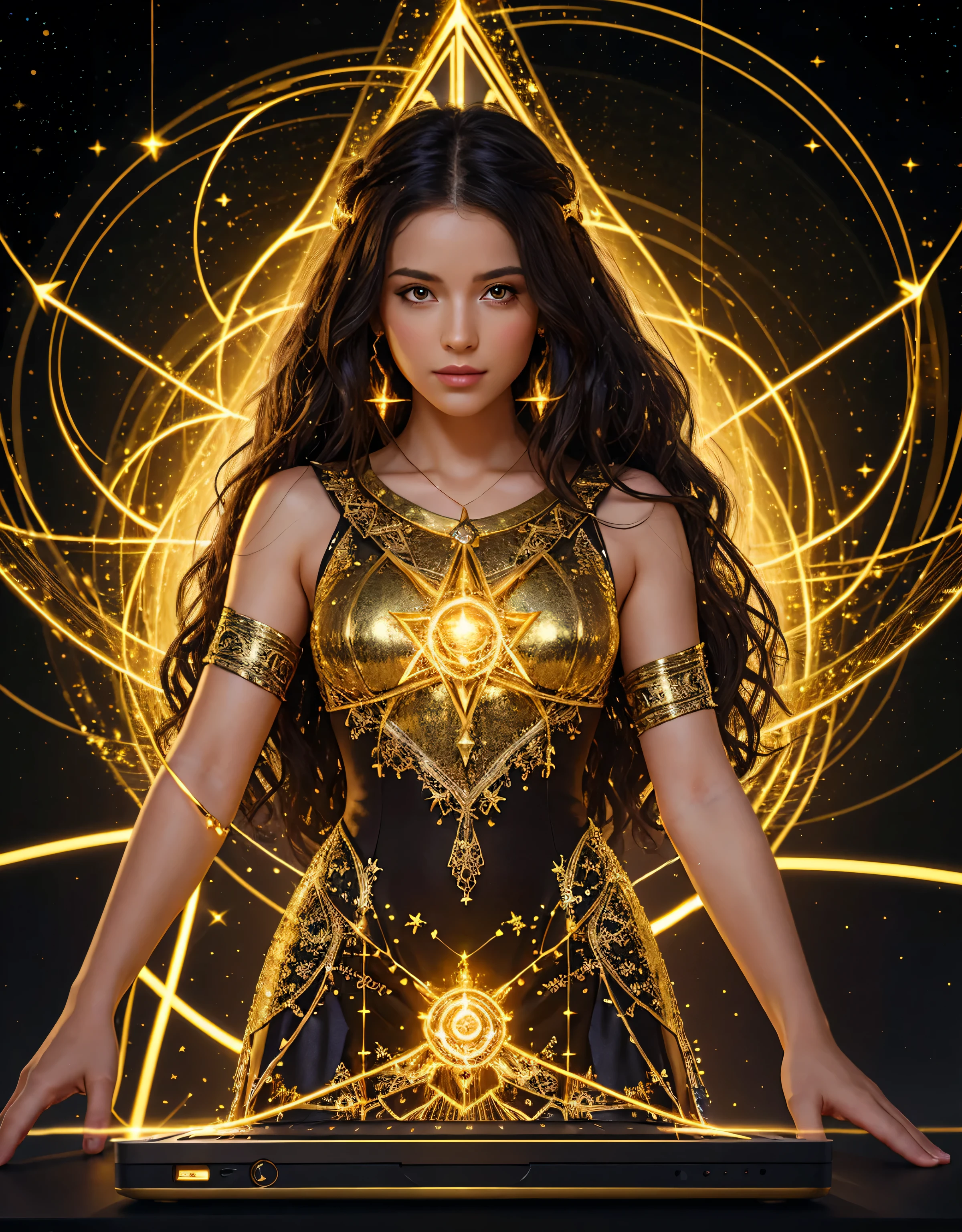 Fantasy style illustration depicting charming and graceful female programmer with sparkling bright gold laptop, dressed in dark gold tunic with shiny glowing constellation patterns, glowing gold threads woven into long curly hair, monitors with images of lines of program code around, epic glowing scene, dynamic pose, bright colors, mystery, mysticism, hd