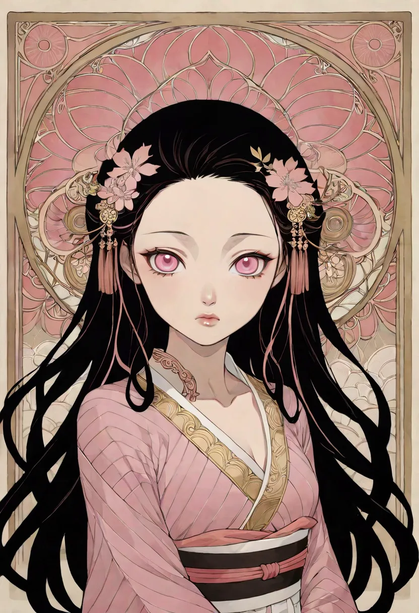 ((best quality)), ((masterpiece)), (detailed), ((perfect face of nezuko komado)), surreal, art nouveau, in the illustrative styl...