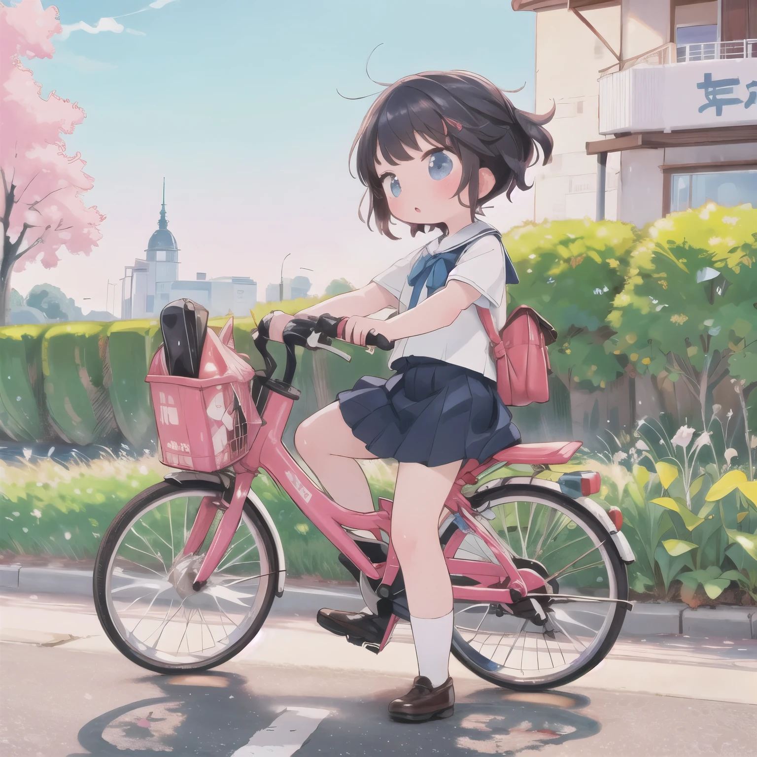 (masterpiece, Ultra-high resolution，Best Quality:1.2), reality、Very short stature， By bike，Alone、Female junior high school student，Summer clothes、Fluttering skirt，positive，whirlwind，Riverside at dusk、Beautiful sunset，