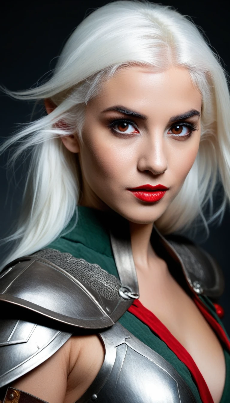 a portrait shot of a drow elf from dungeons and dragons , she has white hair and red eyes , high quality