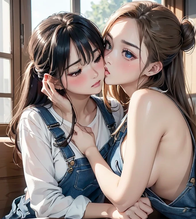 (Best Quality, Ultra fine, Absolute Resolution, Full Color:1.3),(Beautiful Face),((Two beautiful women,Yuri)),(Ecstasy),(Full blush) ,(Half-open eyes,A sad face、Kiss:1.3),(Poses that excite men, Inviting eyes)、(Naked and in overalls),(Sitting cross-legged)、Hair tied up in a bun